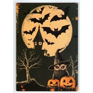 Vintage Halloween Owl Witch Hat Pumpkins Postcard Photochrome 6x4